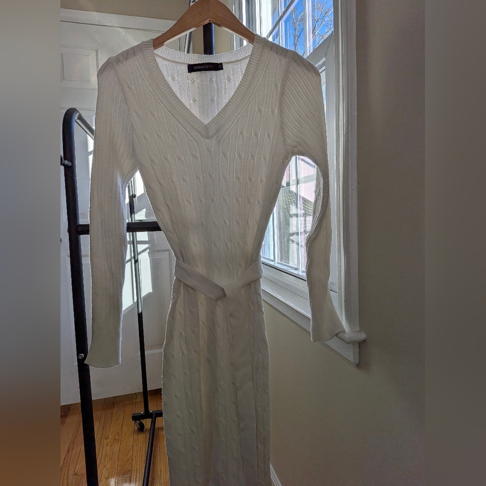 Midi length Chic White Cable Knit Dress